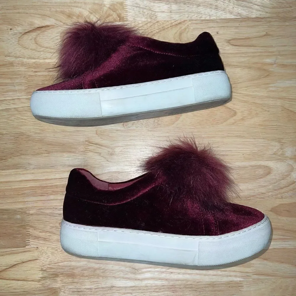 J/SLIDES, Cranberry Velvet Platform Sneakers Pom Pom Accent, Women’s 6.5
